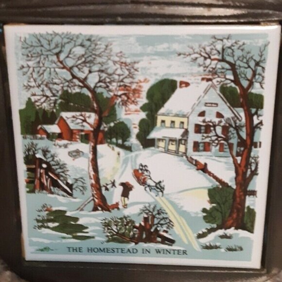VTG SEVEN 7 STAR Cast Iron Tile Trivet “The Old Homestead in Winter" tea pot - Picture 6 of 7